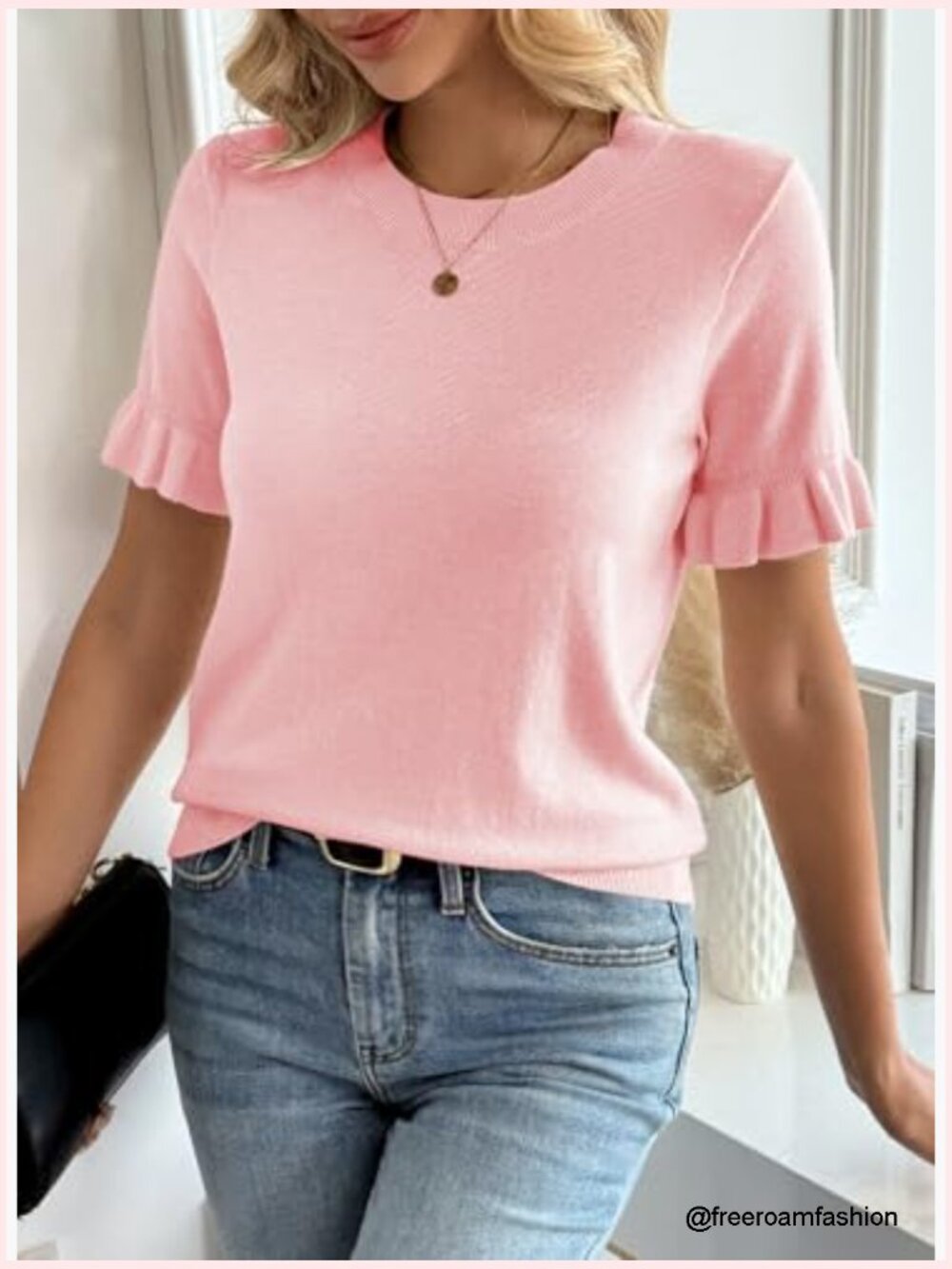Wool Blend Short Puff Sleeve Sweater Knit Top Crewneck Casual - Picture 6 of 7